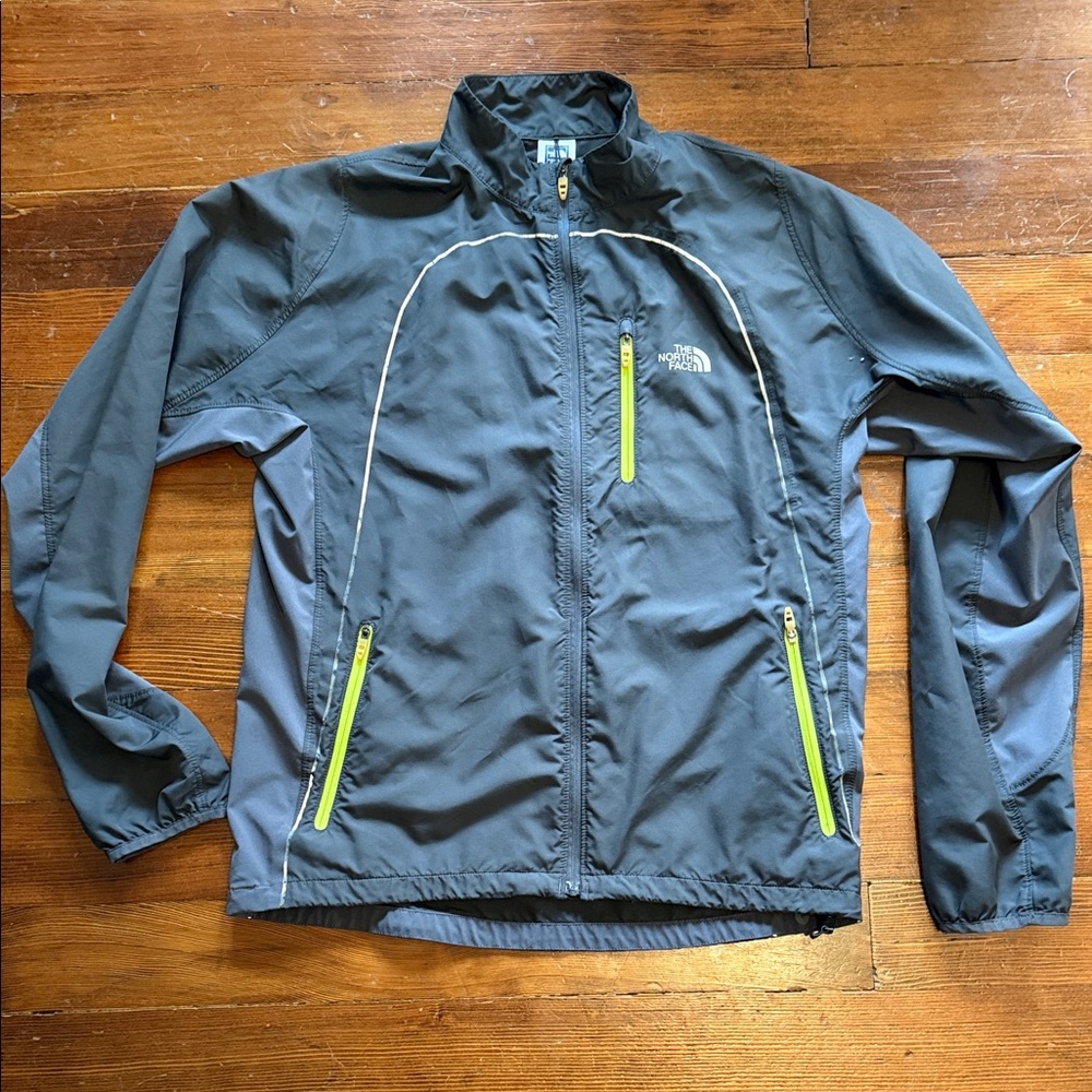 The North Face Men's Dark Gray Windbreaker with Lime Accents